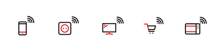 Internet of things. Smart wireless connection devices. Phone, electric outlet, TV, shopping cart and a microwave oven. Pixel perfect, editable strokeのイラスト素材