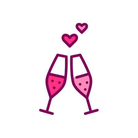 Champagne glasses toasting on a romantic date. Pixel perfect, editable stroke color iconのイラスト素材