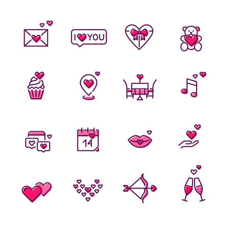 Valentine Day February 14 romantic date icons set. Pixel perfect, editable stroke colored iconsのイラスト素材
