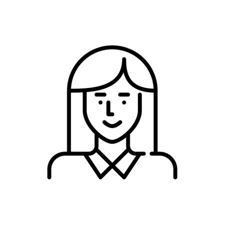 Cute student girl with long hair in a shirt. Profile picture icon. Pixel perfect, editable strokeのイラスト素材