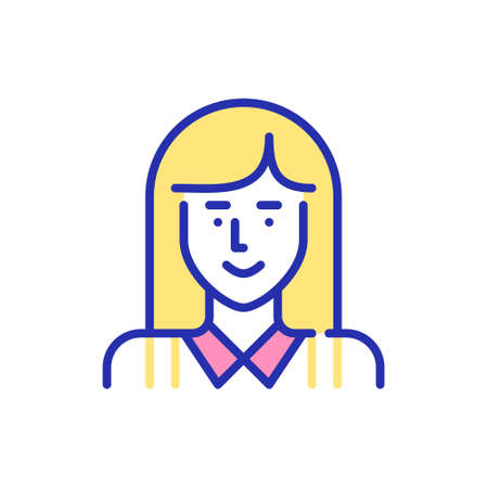 Cute student girl with long blonde hair in a shirt. Profile picture icon. Pixel perfect, editable stroke, coloredのイラスト素材