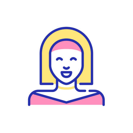 Line art avatar icon. Cute smiling blonde girl with headband and bob haircut. Pixel perfect, editable strokeのイラスト素材