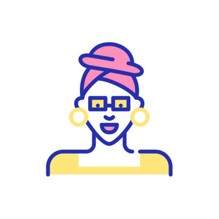 Elegant stylish girl wearing a turban and large earrings. Pixel perfect, editable stroke fun color avatar iconのイラスト素材