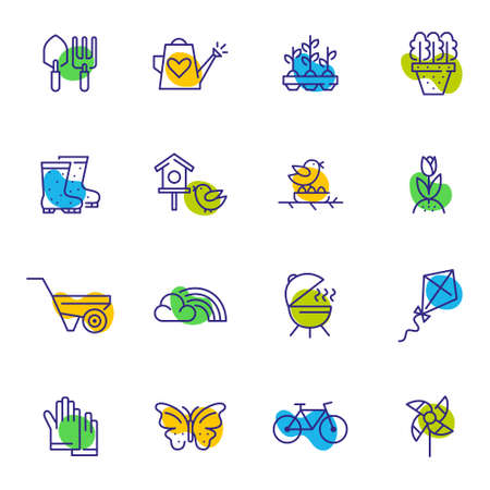 Spring activities and gardening fun color icons set. Such as butterfly, bicycle, seedling, rainbow, bbq. Pixel perfect, editable stroke iconsのイラスト素材