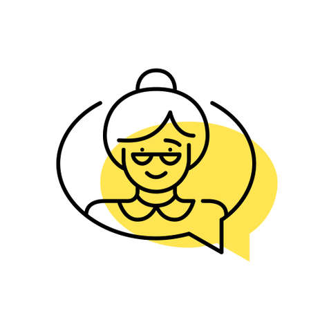 Grandma chatting. Nice older woman wearing glasses and a bun. Pixel perfect, editable stroke minimal line iconのイラスト素材
