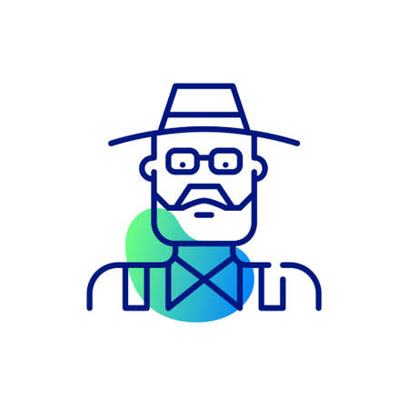 Bearded older man. Farmer in a hat and overall. Pixel perfect, editable stroke fun line art iconのイラスト素材