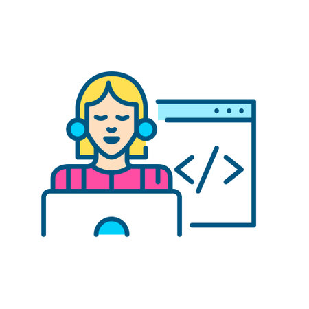 Web designer at work at laptop. Pixel perfect, editable stroke color iconのイラスト素材
