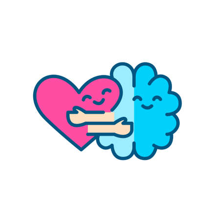 Brain and heart hugging. Happy mental health state. Pixel perfect, editable stroke color line iconのイラスト素材