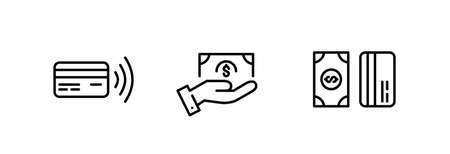 Cash, card and contactless payment methods. Pixel perfect, line art editable stroke iconsのイラスト素材