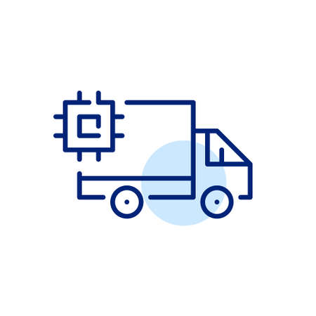 Delivery truck equipped with CPU chip. Pixel perfect, editable stroke line art iconのイラスト素材