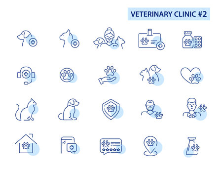Veterinary clinic line art set. Veterinarian, medicine, insurance and ratings. Pixel perfect, editable stroke iconのイラスト素材