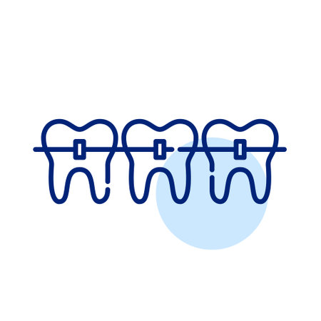 Teeth with braces. Orthodontist treatment. Pixel perfect, editable stroke line iconのイラスト素材