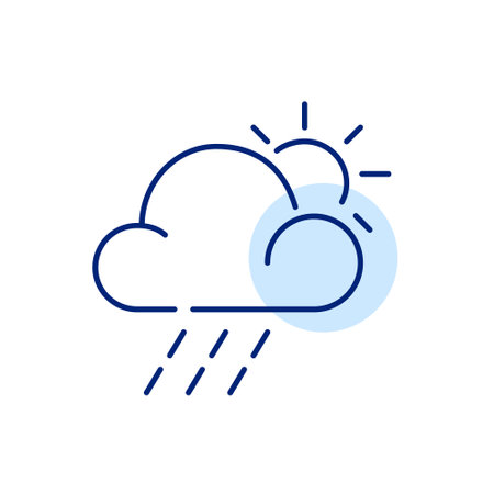 Partly cloudy weather with rain. Pixel perfect, editable stroke simple designのイラスト素材
