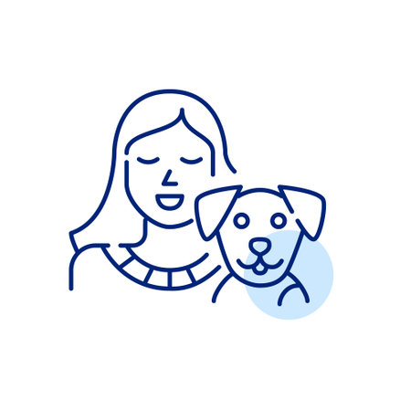 Smiling girl with her puppy. Pet friend. Pixel perfect, editable stroke line art iconのイラスト素材