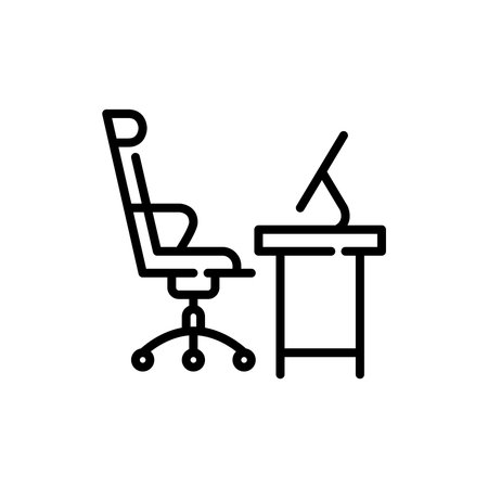 Swivel computer chair and desk with desktop computer. Office workplace icon. Pixel perfect, editable stroke artのイラスト素材