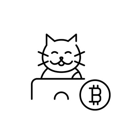 Happy bitcoin user. Smiling cat at laptop. Pixel perfect, editable stroke iconのイラスト素材