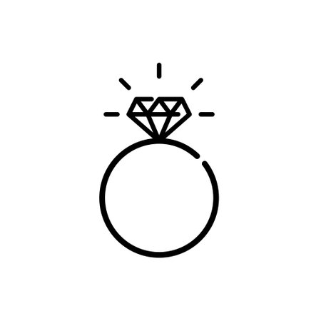 Engagement ring with shining diamond. Romantic gesture of love and wedding proposal. Pixel perfect, editable stroke iconのイラスト素材