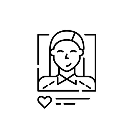 Dating app user profile icon. Smiling student girl with long hair wearing shirt. Pixel perfect editable stroke iconのイラスト素材