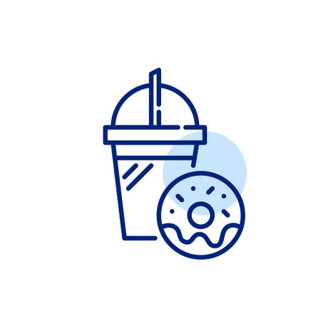 Cold drink in takeout cup and frosted doughnut. Pixel perfect, editable stroke line iconのイラスト素材