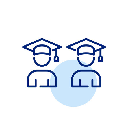 Two university students in mortar boards and gowns. Graduation icon. Pixel perfectのイラスト素材