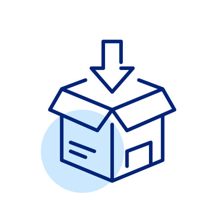 Packing a parcel. Delivery box and arrow. Shipment services. Pixel perfect iconのイラスト素材