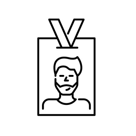 ID badge. Worker or student access. Picture of a bearded smiling man. Pixel perfect, editable strokeのイラスト素材