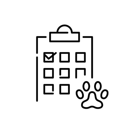 Pet health checkup veterinary service. Paw and a checkmark list, representing pet examination and treatmentのイラスト素材
