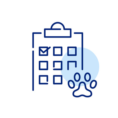 Pet health checkup veterinary service. Paw and a checkmark list, representing pet examination and treatment routineのイラスト素材