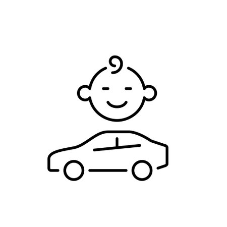 Car and baby face. Family road trip, car seat safety, parental alert. Pixel perfect, editable stroke vector iconのイラスト素材