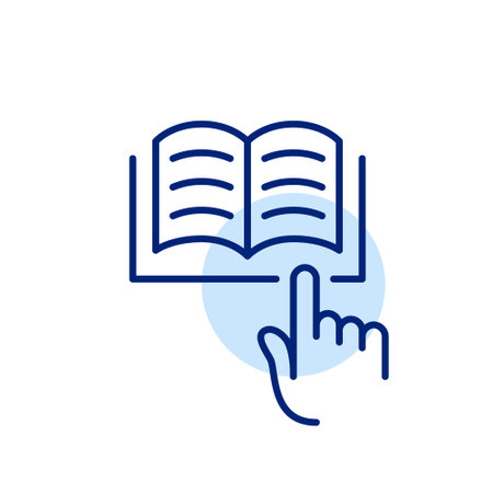 Open book and finger tapping on it. Easy access to education and information via digital libraries. Pixel perfect, editable stroke vector iconのイラスト素材