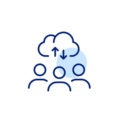 Cloud, arrows for upload and download and group of users. Data access, content management and distribution. Pixel perfect, editable stroke vector iconのイラスト素材
