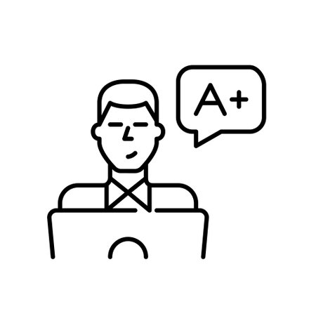Young man at laptop with A grade message. Online education, high academic performance for students. Pixel perfect, editable stroke vector iconのイラスト素材