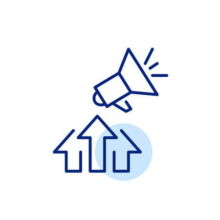 Arrows up and megaphone. Growth, development and success with marketing tools. Pixel perfect, editable stroke vector iconのイラスト素材