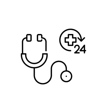 24 7 medical support. Cross and stethoscope. Doctor on call, healthcare assistance. Pixel perfect, editable stroke vector iconのイラスト素材