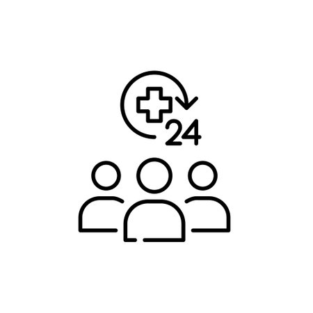 Group of people, medical cross 24 hours care. All day community healthcare. Pixel perfect, editable stroke vector iconのイラスト素材
