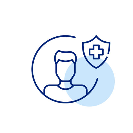 Man avatar and health insurance shield with cross. Individual medical services coverage. Pixel perfect, editable stroke vector iconのイラスト素材