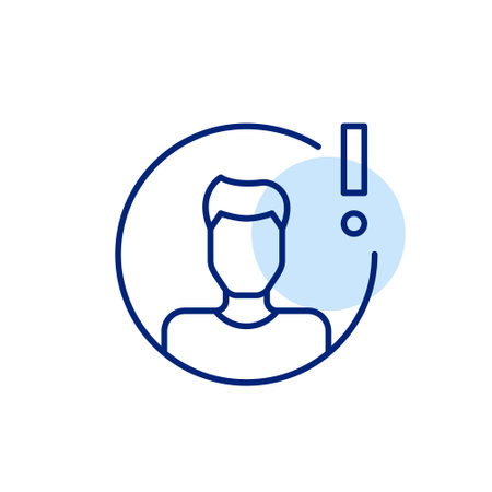 Male user avatar and exclamation mark. User warning, important security notification. Pixel perfect, editable stroke iconのイラスト素材