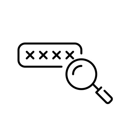 Password covered by asterisks in box and magnifying glass. Showing password, checking strength. Pixel perfect vector iconのイラスト素材