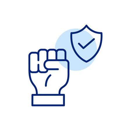 Fist raised up and security shield with checkmark. Strong defence, increased protection. Pixel perfect, editable stroke iconのイラスト素材