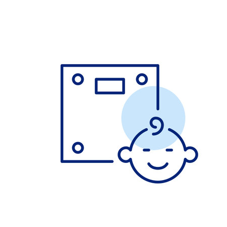 Weight scale and smiling baby. Infant wellness and weight management. Pixel perfect, editable stroke iconのイラスト素材