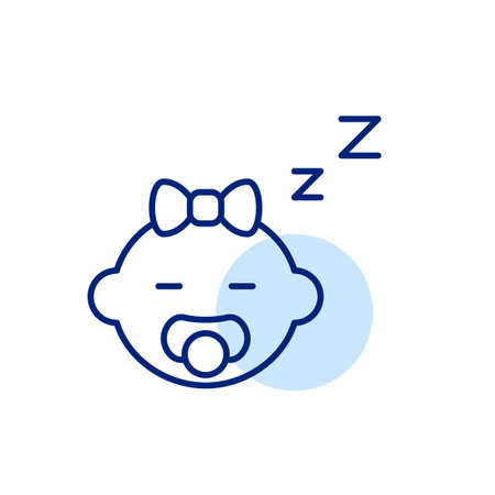 Baby girl sleeping with pacifier. Infant sleep routine. Comforting environment and tools. Pixel perfect, editable stroke vector iconのイラスト素材