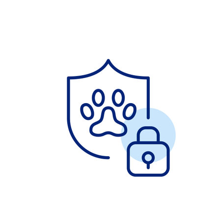 Shield with paw and lock. Pet safety verified, approved by veterinarians. Pixel perfect, editable stroke vector iconのイラスト素材