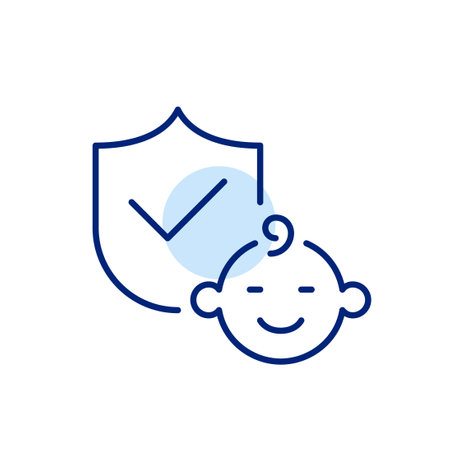 Security shield with checkmark and smiling baby face. Infant-friendly products and services, approved by paediatricians. Pixel perfect, editable stroke vector iconのイラスト素材