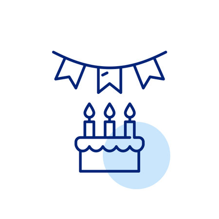 Flags garland and birthday cake with candles. Celebration party. Pixel perfect, editable stroke vector iconのイラスト素材