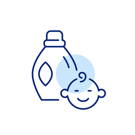 Liquid laundry detergent and smiling baby face. Baby-safe hypoallergenic gentle wash. Pixel perfect, editable stroke iconのイラスト素材