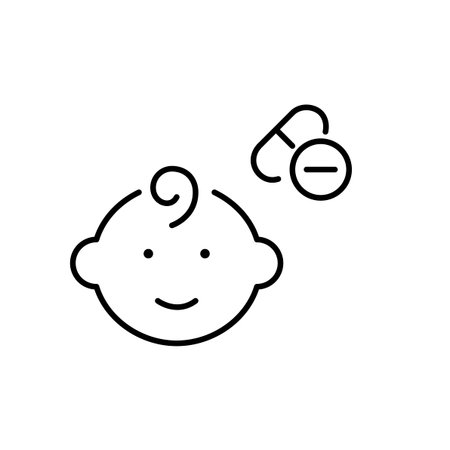 Baby and pills. Children pharmacy and healthcare. Disease treatment. Pixel perfect vector iconのイラスト素材