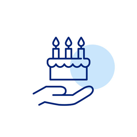 Hand offering birthday cake with candles. Party, celebration and giving gifts. Pixel perfect, editable stroke iconのイラスト素材