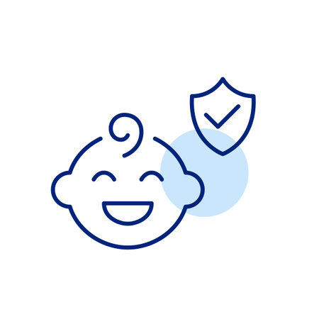 Happy baby boy, security shield and checkmark. Children safety and insurance. Pixel perfect, editable stroke iconのイラスト素材