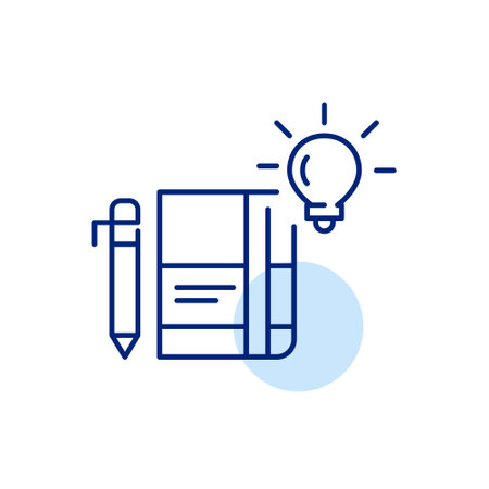 Planner, pencil and glowing light bulb. Agenda with bright ideas and insightful planning. Pixel perfect, editable stroke iconのイラスト素材