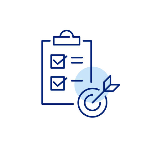 Arrow striking bullseye on target. Checked tasks on checkmark. Focused task management, goal oriented planning. Pixel perfect, editable stroke vector iconのイラスト素材